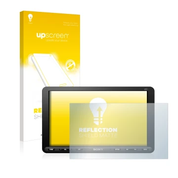 Vorderseite einer Produktverpackung mit dem Markenlogo upscreen. Daneben ist das Gerät Sony XAV-AX8050D mit dem zugehörigen Di