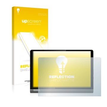 Vorderseite einer Produktverpackung mit dem Markenlogo upscreen. Daneben ist das Gerät Lenovo Yoga SmartTab mit dem zugehörige