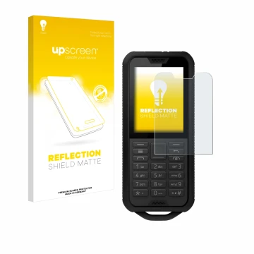 Vorderseite einer Produktverpackung mit dem Markenlogo upscreen. Daneben ist das Gerät Nokia 800 Tough mit dem zugehörigen Dis