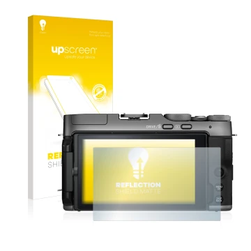 Vorderseite einer Produktverpackung mit dem Markenlogo upscreen. Daneben ist das Gerät Fujifilm X-A7 mit dem zugehörigen Displ