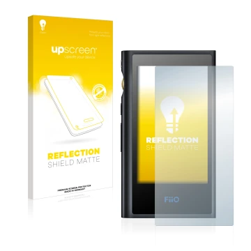 Vorderseite einer Produktverpackung mit dem Markenlogo upscreen. Daneben ist das Gerät FiiO M9 mit dem zugehörigen Displayschu