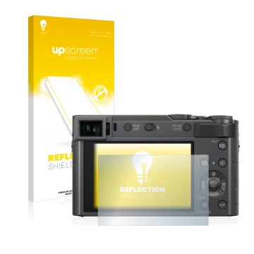 Vorderseite einer Produktverpackung mit dem Markenlogo upscreen. Daneben ist das Gerät Panasonic Lumix DC-TZ200 mit dem zugehö