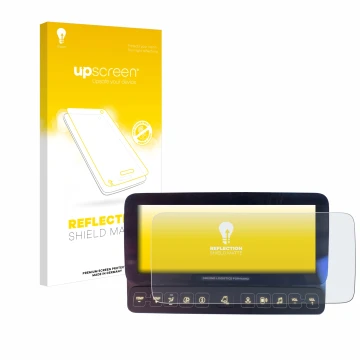 Vorderseite einer Produktverpackung mit dem Markenlogo upscreen. Daneben ist das Gerät Mercedes-Benz Actros 2019 Touch-Display