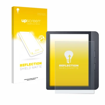 Vorderseite einer Produktverpackung mit dem Markenlogo upscreen. Daneben ist das Gerät Kobo Libra H2O mit dem zugehörigen Disp