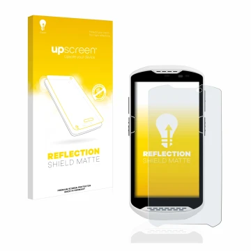 Vorderseite einer Produktverpackung mit dem Markenlogo upscreen. Daneben ist das Gerät Zebra TC57 mit dem zugehörigen Displays