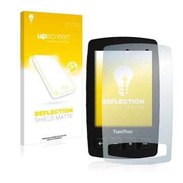 Vorderseite einer Produktverpackung mit dem Markenlogo upscreen. Daneben ist das Gerät TwoNav Trail 2 mit dem zugehörigen Disp