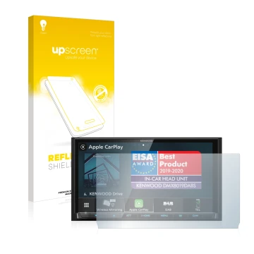 Vorderseite einer Produktverpackung mit dem Markenlogo upscreen. Daneben ist das Gerät Kenwood DMX8019DABS (mit Aussparung) mi