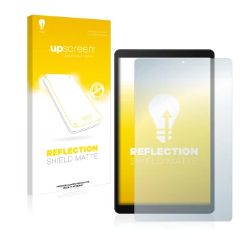 Vorderseite einer Produktverpackung mit dem Markenlogo upscreen. Daneben ist das Gerät Samsung Galaxy Tab A 10.1 LTE 2019 mit 