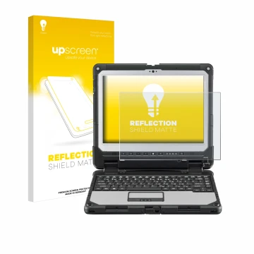 Vorderseite einer Produktverpackung mit dem Markenlogo upscreen. Daneben ist das Gerät Panasonic Toughbook CF-33 mit dem zugeh