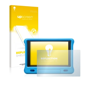 Vorderseite einer Produktverpackung mit dem Markenlogo upscreen. Daneben ist das Gerät Amazon Fire HD 10 Kids 2019 (9. Gen.) m