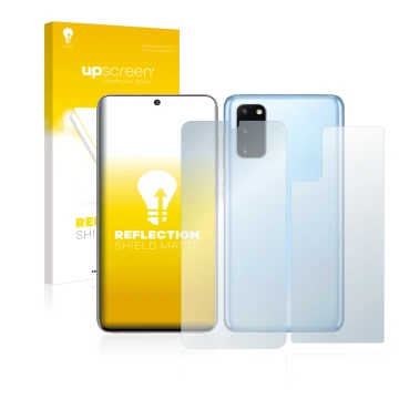 Vorderseite einer Produktverpackung mit dem Markenlogo upscreen. Daneben ist das Gerät Samsung Galaxy S20 (Display+Rückseite) 