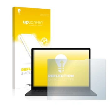 Vorderseite einer Produktverpackung mit dem Markenlogo upscreen. Daneben ist das Gerät Microsoft Surface Laptop 3 15