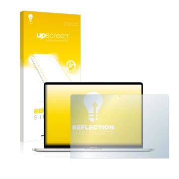 Vorderseite einer Produktverpackung mit dem Markenlogo upscreen. Daneben ist das Gerät Apple MacBook Pro 16