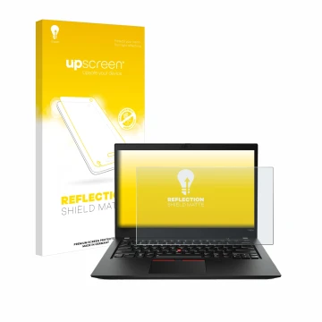 Vorderseite einer Produktverpackung mit dem Markenlogo upscreen. Daneben ist das Gerät Lenovo ThinkPad T490s mit dem zugehörig