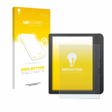 Vorderseite einer Produktverpackung mit dem Markenlogo upscreen. Daneben ist das Gerät Tolino Vision 5 mit dem zugehörigen Dis