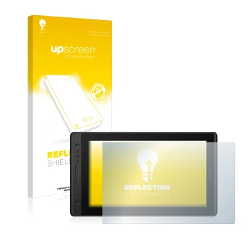 Vorderseite einer Produktverpackung mit dem Markenlogo upscreen. Daneben ist das Gerät Huion Kamvas Pro 16 Premium mit dem zug
