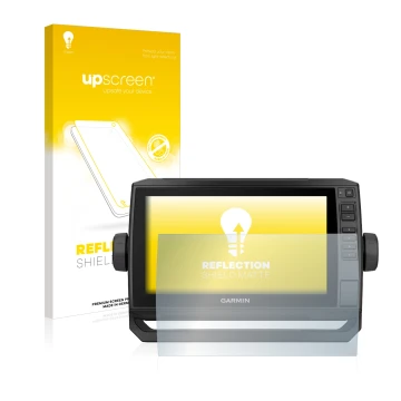 Vorderseite einer Produktverpackung mit dem Markenlogo upscreen. Daneben ist das Gerät Garmin ECHOMAP UHD 92sv mit dem zugehör