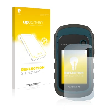 Vorderseite einer Produktverpackung mit dem Markenlogo upscreen. Daneben ist das Gerät Garmin eTrex 22x mit dem zugehörigen Di