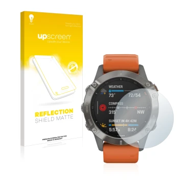 Vorderseite einer Produktverpackung mit dem Markenlogo upscreen. Daneben ist das Gerät Garmin Fenix 6 mit dem zugehörigen Disp
