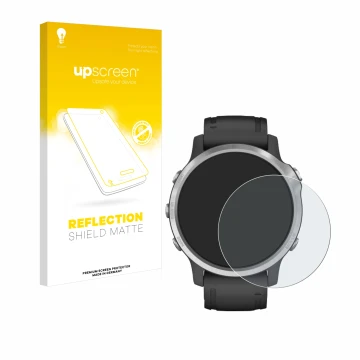 Vorderseite einer Produktverpackung mit dem Markenlogo upscreen. Daneben ist das Gerät Garmin Fenix 6S mit dem zugehörigen Dis