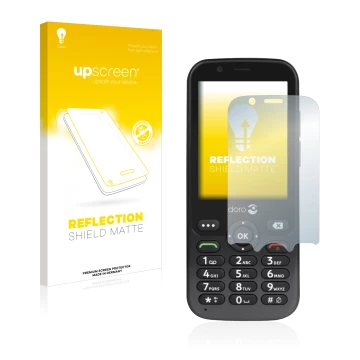 Vorderseite einer Produktverpackung mit dem Markenlogo upscreen. Daneben ist das Gerät Doro 7010 mit dem zugehörigen Displaysc