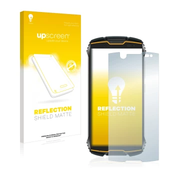 Vorderseite einer Produktverpackung mit dem Markenlogo upscreen. Daneben ist das Gerät Cubot King Kong Mini mit dem zugehörige