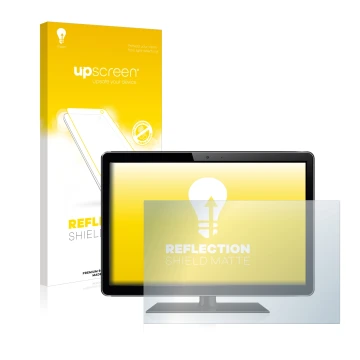 Vorderseite einer Produktverpackung mit dem Markenlogo upscreen. Daneben ist das Gerät mit dem zugehörigen Displayschutz abgeb