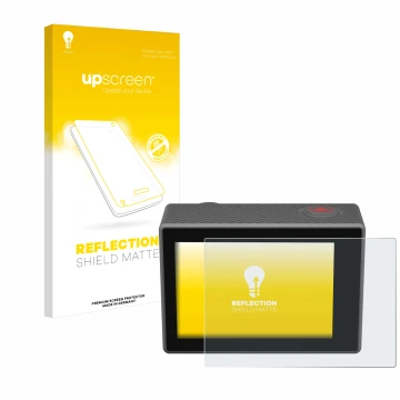 Vorderseite einer Produktverpackung mit dem Markenlogo upscreen. Daneben ist das Gerät Akaso V50 Elite mit dem zugehörigen Dis