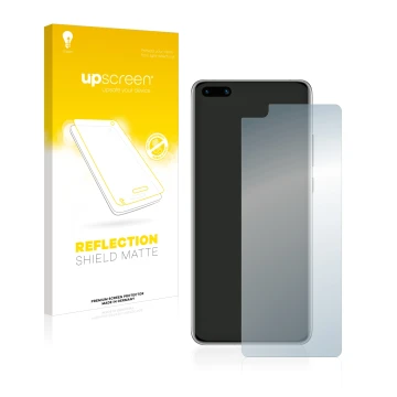 Vorderseite einer Produktverpackung mit dem Markenlogo upscreen. Daneben ist das Gerät Huawei P40 mit dem zugehörigen Displays