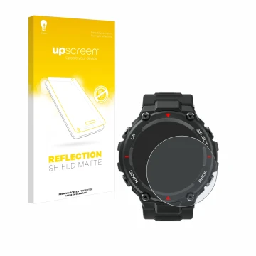 Vorderseite einer Produktverpackung mit dem Markenlogo upscreen. Daneben ist das Gerät Huami Amazfit T-Rex mit dem zugehörigen