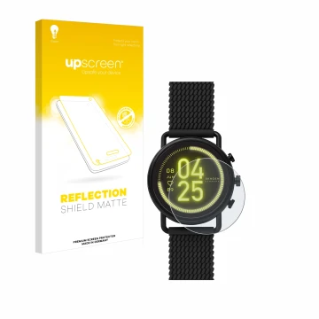 Vorderseite einer Produktverpackung mit dem Markenlogo upscreen. Daneben ist das Gerät Skagen Smartwatch Falster 3 mit dem zug