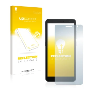 Vorderseite einer Produktverpackung mit dem Markenlogo upscreen. Daneben ist das Gerät Alcatel 1B 2020 mit dem zugehörigen Dis