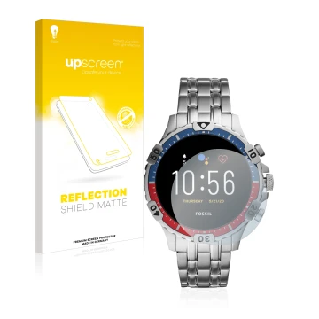 Vorderseite einer Produktverpackung mit dem Markenlogo upscreen. Daneben ist das Gerät Fossil Garrett HR (5. Gen) mit dem zuge