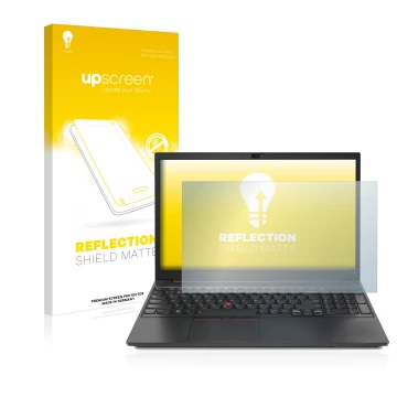 Vorderseite einer Produktverpackung mit dem Markenlogo upscreen. Daneben ist das Gerät Lenovo ThinkPad E15 mit dem zugehörigen