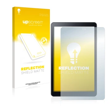 Vorderseite einer Produktverpackung mit dem Markenlogo upscreen. Daneben ist das Gerät Samsung Galaxy Tab A 10.5 WiFi 2018 mit