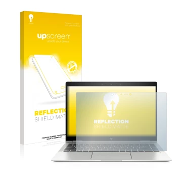 Vorderseite einer Produktverpackung mit dem Markenlogo upscreen. Daneben ist das Gerät HP Elitebook x360 1040 G6 mit dem zugeh
