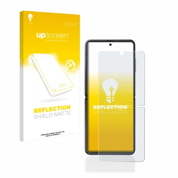 Vorderseite einer Produktverpackung mit dem Markenlogo upscreen. Daneben ist das Gerät Samsung Galaxy Z Flip mit dem zugehörig