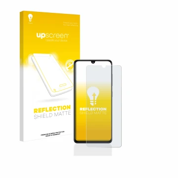 Vorderseite einer Produktverpackung mit dem Markenlogo upscreen. Daneben ist das Gerät Samsung Galaxy A41 mit dem zugehörigen 