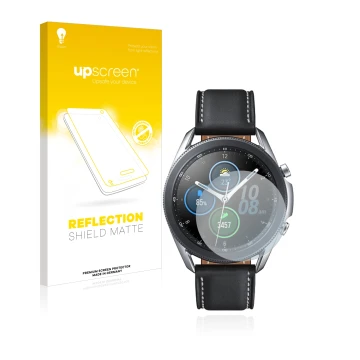 Vorderseite einer Produktverpackung mit dem Markenlogo upscreen. Daneben ist das Gerät Samsung Galaxy Watch 3 (41mm) mit dem z