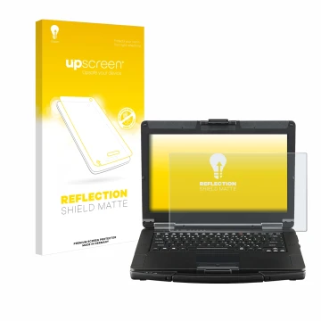 Vorderseite einer Produktverpackung mit dem Markenlogo upscreen. Daneben ist das Gerät Panasonic Toughbook FZ-55 Touch mit dem