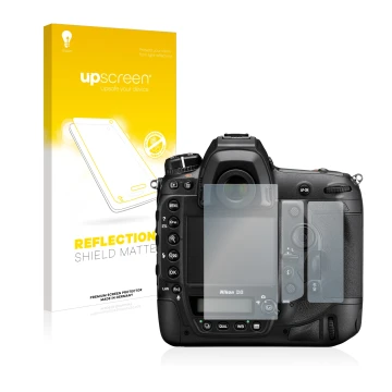 Vorderseite einer Produktverpackung mit dem Markenlogo upscreen. Daneben ist das Gerät Nikon D6 mit dem zugehörigen Displaysch