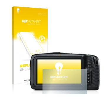 Vorderseite einer Produktverpackung mit dem Markenlogo upscreen. Daneben ist das Gerät Blackmagic Pocket Cinema Camera 6K mit 