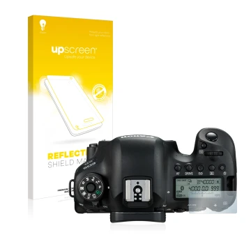 Vorderseite einer Produktverpackung mit dem Markenlogo upscreen. Daneben ist das Gerät Canon EOS 6D (Schulterdisplay) mit dem 