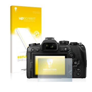 Vorderseite einer Produktverpackung mit dem Markenlogo upscreen. Daneben ist das Gerät Olympus OM-D E-M1 Mark III mit dem zuge