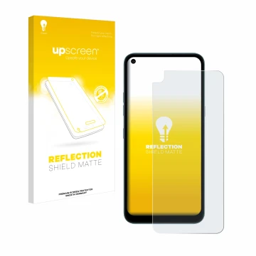 Vorderseite einer Produktverpackung mit dem Markenlogo upscreen. Daneben ist das Gerät LG K61 mit dem zugehörigen Displayschut