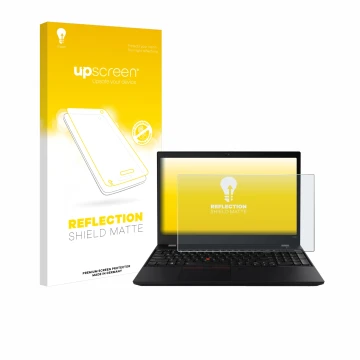 Vorderseite einer Produktverpackung mit dem Markenlogo upscreen. Daneben ist das Gerät Lenovo ThinkPad T590 Non-Touch mit dem 