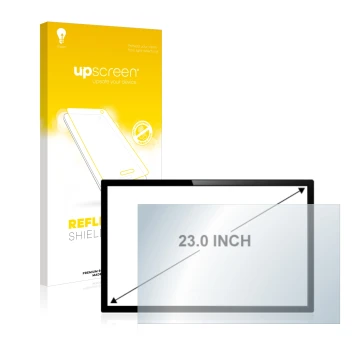 Vorderseite einer Produktverpackung mit dem Markenlogo upscreen. Daneben ist das Gerät mit dem zugehörigen Displayschutz abgeb