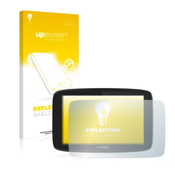 Vorderseite einer Produktverpackung mit dem Markenlogo upscreen. Daneben ist das Gerät TomTom Go Professional 6200 mit dem zug