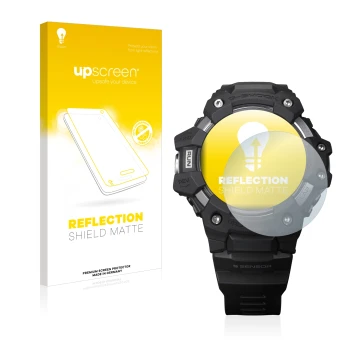 Vorderseite einer Produktverpackung mit dem Markenlogo upscreen. Daneben ist das Gerät Casio G-Shock GBD-H1000 mit dem zugehör