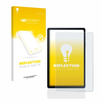 Vorderseite einer Produktverpackung mit dem Markenlogo upscreen. Daneben ist das Gerät Samsung Galaxy Tab S6 Lite LTE 2020 mit